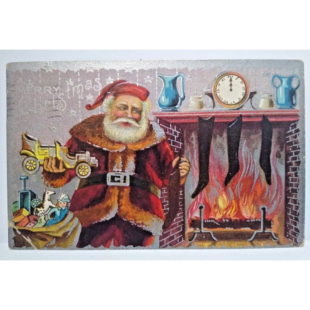 Santa Claus Christmas Postcard Saint Nick Holds Toy Auto Car By Fireplace 1910
